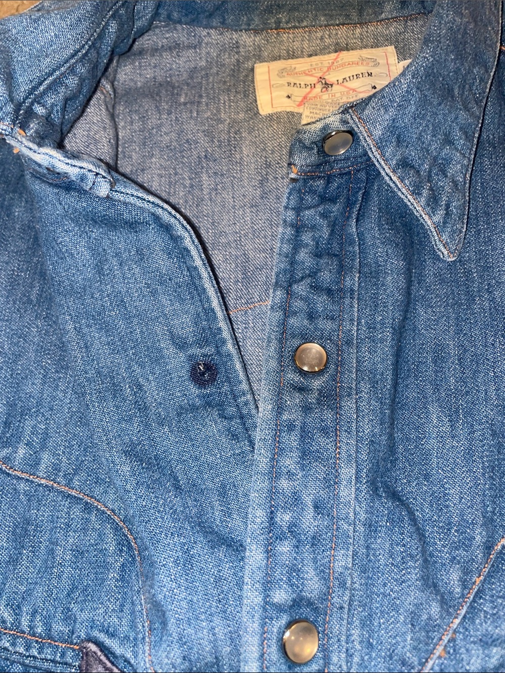 Ralph Lauren Vintage 100% Cotton Smiley Pocket Denim Snap Shirt - Picture 10 of 11
